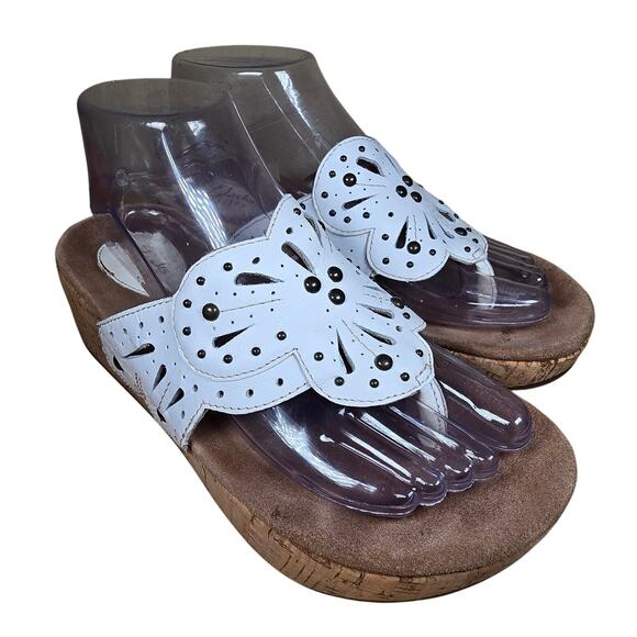 Clarks Artisan Sandals Palima Palm Laser Cut Thong Cork Wedge White Womens Sz 8 - Picture 4 of 10